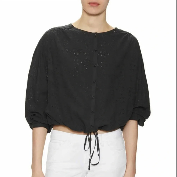 Free People Top Womens Small Black Stars Align Eyelet Beachy Boho Neutral Basic - Picture 2 of 9